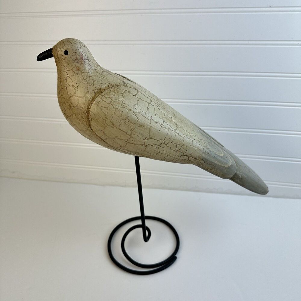 Carved Wooden Dove Pigeon Decoy Folk Art Bird Sculpture Spiral Metal Stand VTG
